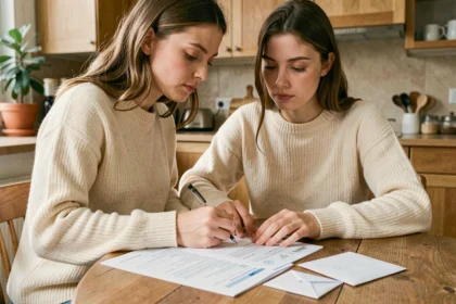 Jeune femme remplissant un formulaire de remboursement mutuelle pour une prime de naissance