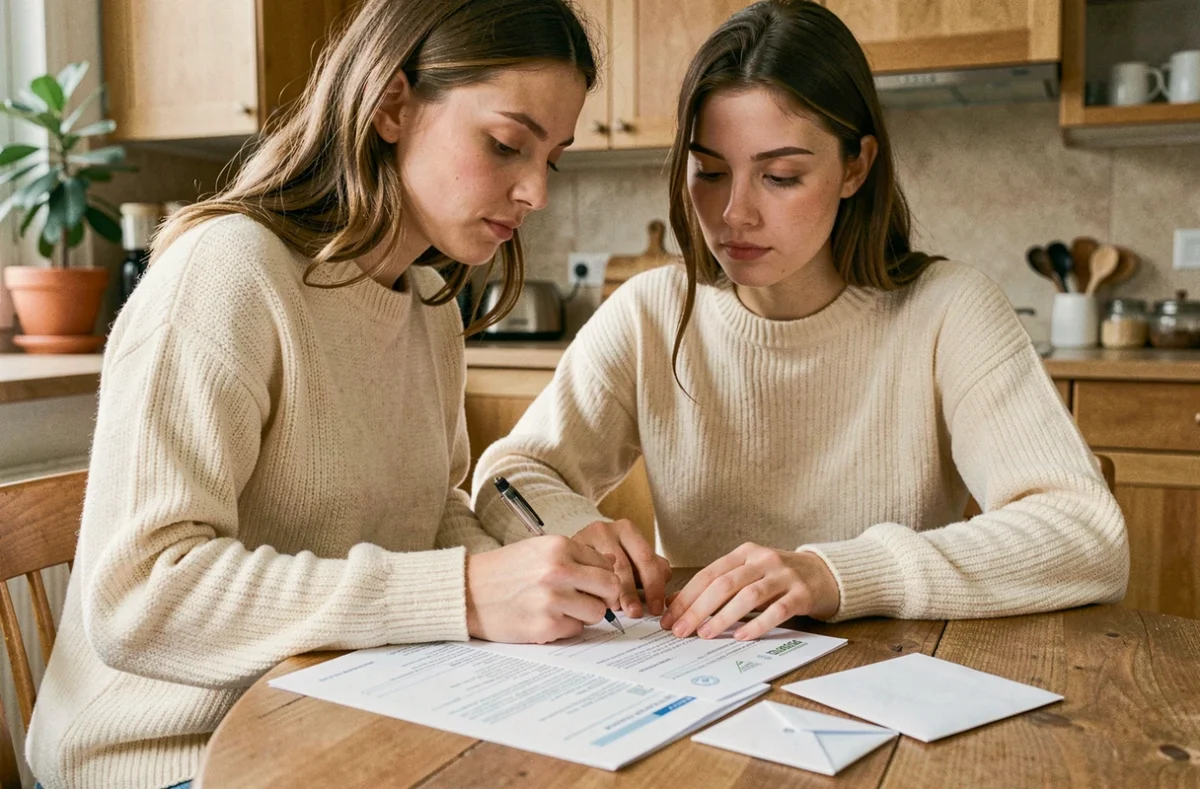 Jeune femme remplissant un formulaire de remboursement mutuelle pour une prime de naissance