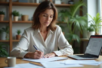 Femme concentrée remplissant des formulaires à domicile