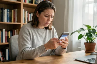 Femme consultant une application bancaire sur smartphone pour gérer un virement instantané à la Banque Postale