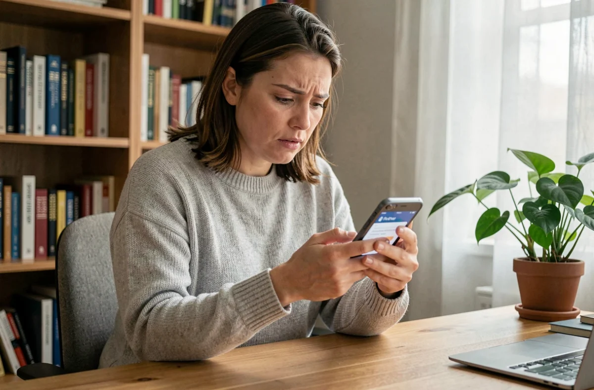 Femme consultant une application bancaire sur smartphone pour gérer un virement instantané à la Banque Postale