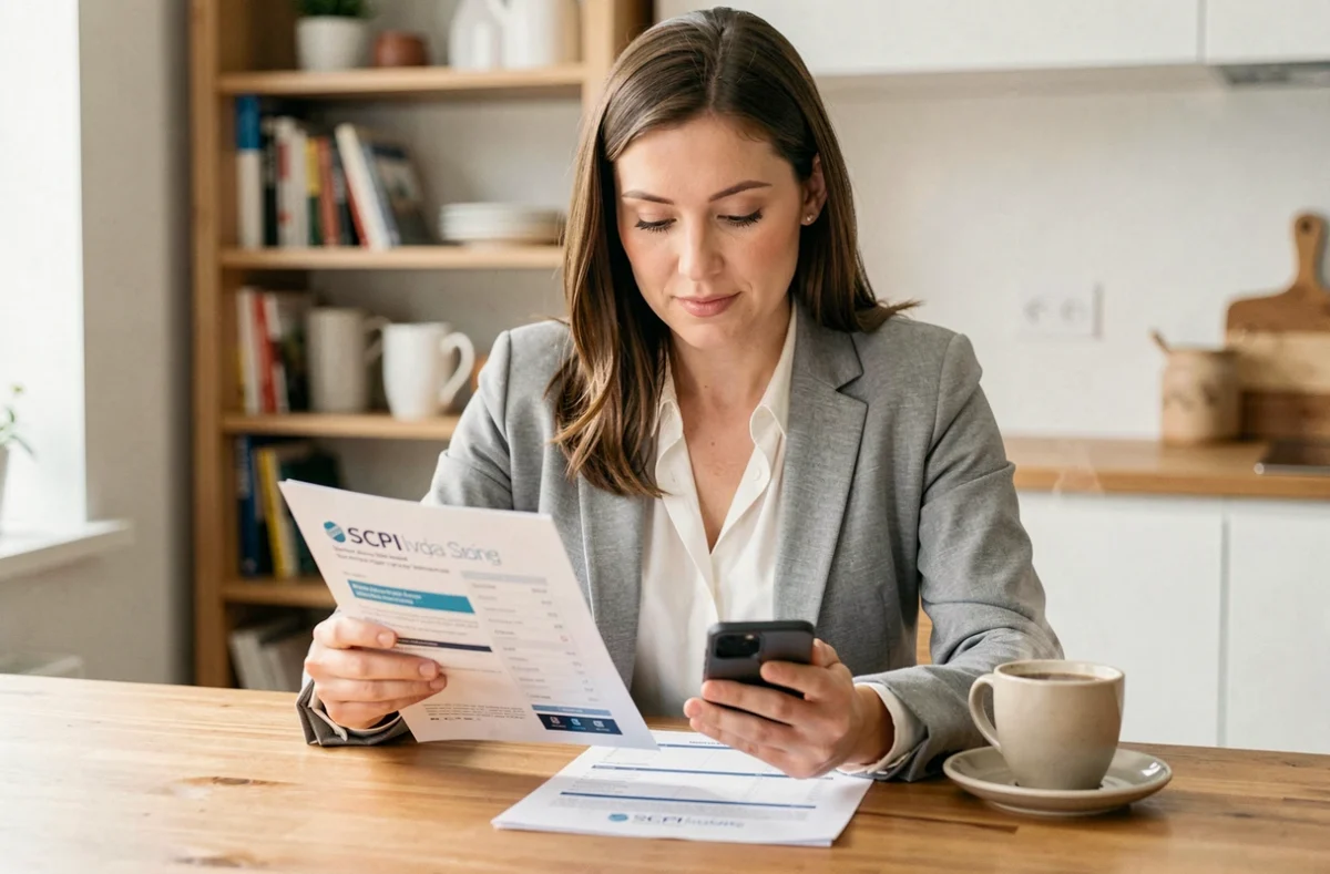 Femme investissant dans une SCPI depuis chez elle en consultant un document de placement immobilier