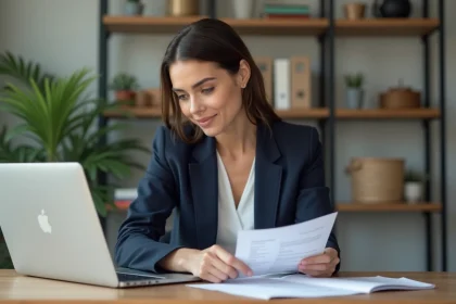 Femme lisant des documents de prêt immobilier à domicile