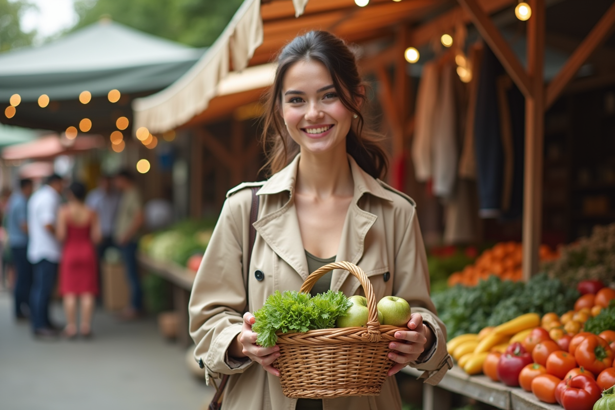Jeune femme souriante avec panier de produits frais au marché