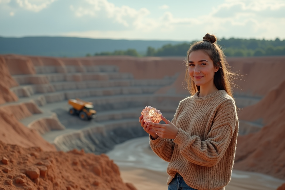 Jeune femme observant un échantillon de cuivre dans une mine