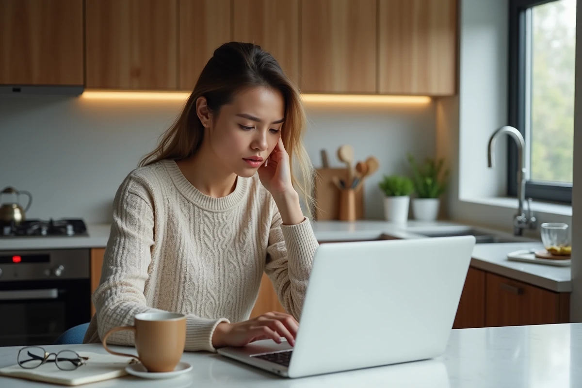 Jeune femme regardant un relevé de compte sur son ordinateur