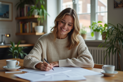 Femme organisée avec documents de logement dans un appartement