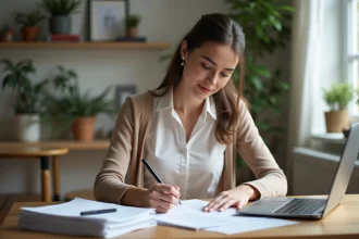 Femme d'environ 30 ans remplissant des papiers à la maison