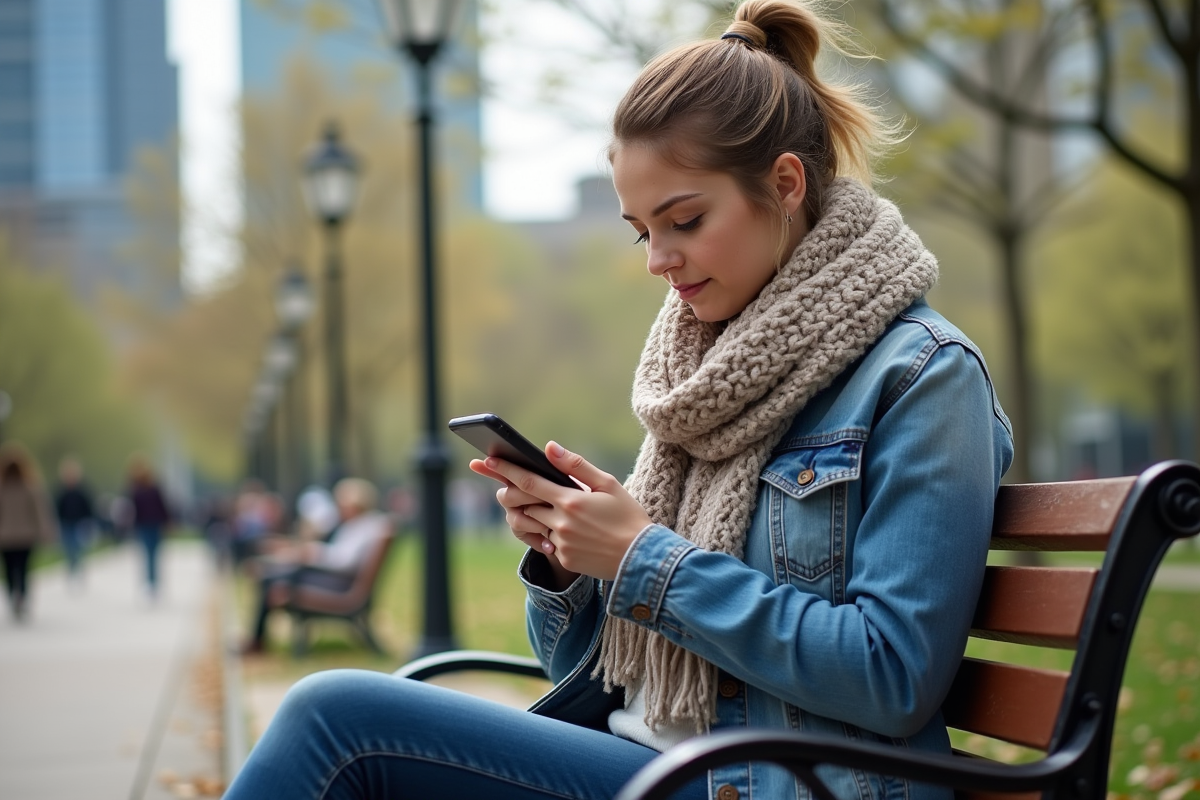 Jeune femme assise dans un parc urbain au printemps