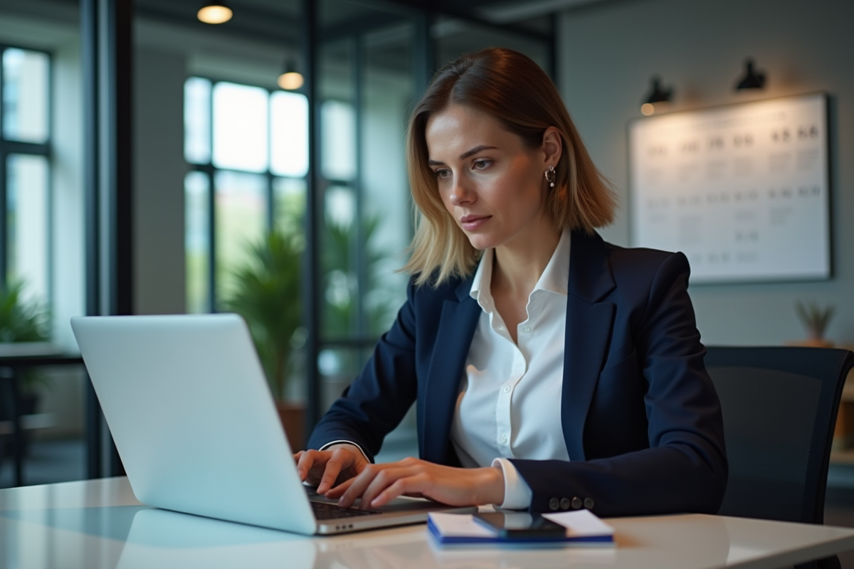 Femme d'affaires concentrée devant son ordinateur en bureau