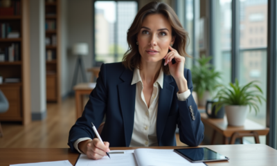 Femme professionnelle en intérieur moderne prenant des notes