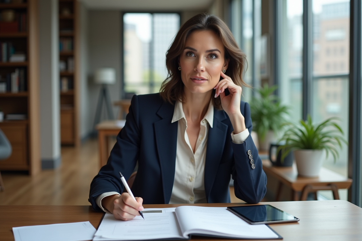Femme professionnelle en intérieur moderne prenant des notes