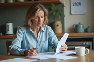 Femme française en cuisine examinant ses reçus