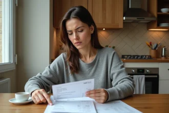 Femme consultant un relevé bancaire papier avec une expression inquiète après avoir repéré un prélèvement non autorisé de REMISEREDUC