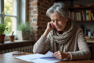 Femme retraitée lisant des papiers dans un appartement cosy