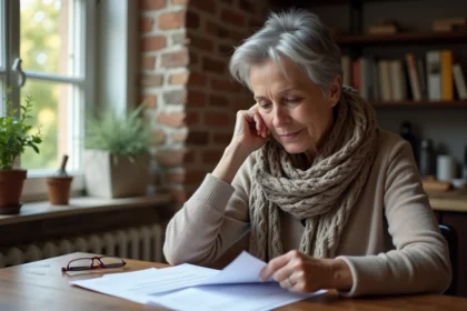 Femme retraitée lisant des papiers dans un appartement cosy