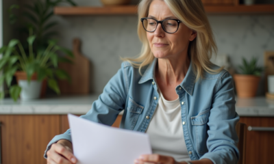 Femme d'âge moyen examine documents d'épargne retraite à la maison