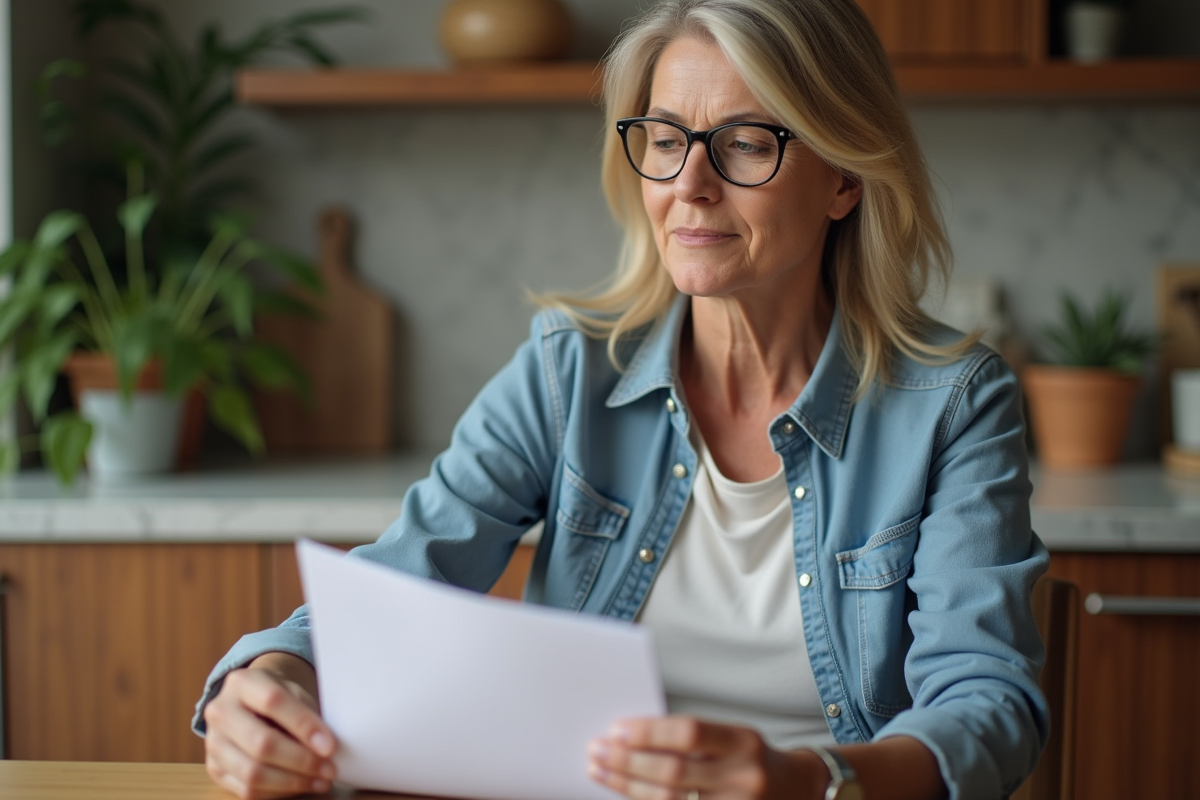 Femme d'âge moyen examine documents d'épargne retraite à la maison