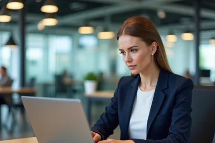 Femme professionnelle consultant ses opérations bancaires en ligne sur un ordinateur portable dans un bureau moderne