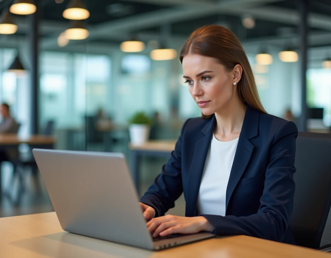 Femme professionnelle consultant ses opérations bancaires en ligne sur un ordinateur portable dans un bureau moderne