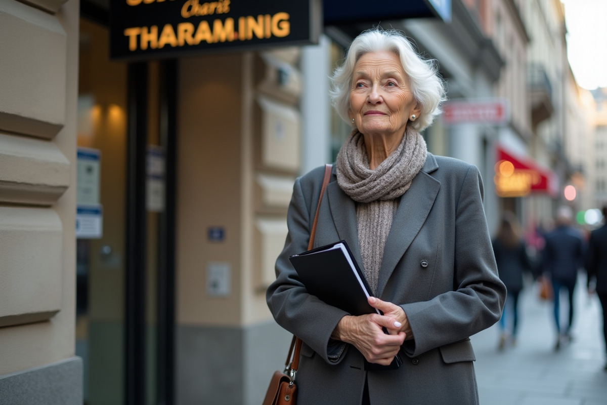 Femme âgée devant une banque tenant un dossier contemplatif