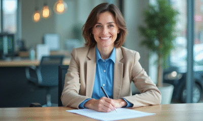 Femme souriante signant un contrat de prêt auto dans un bureau moderne