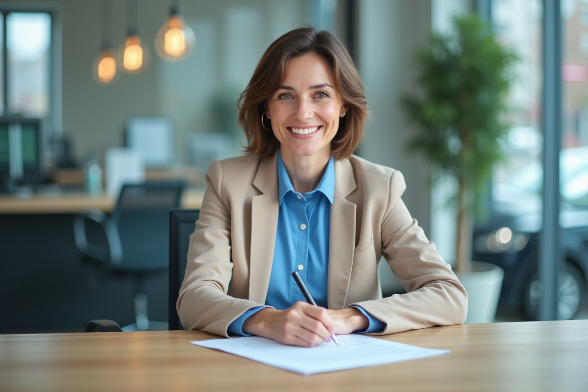Femme souriante signant un contrat de prêt auto dans un bureau moderne