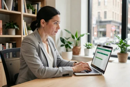 Femme utilisant un simulateur de frais kilométriques réels sur ordinateur portable dans un bureau à domicile moderne