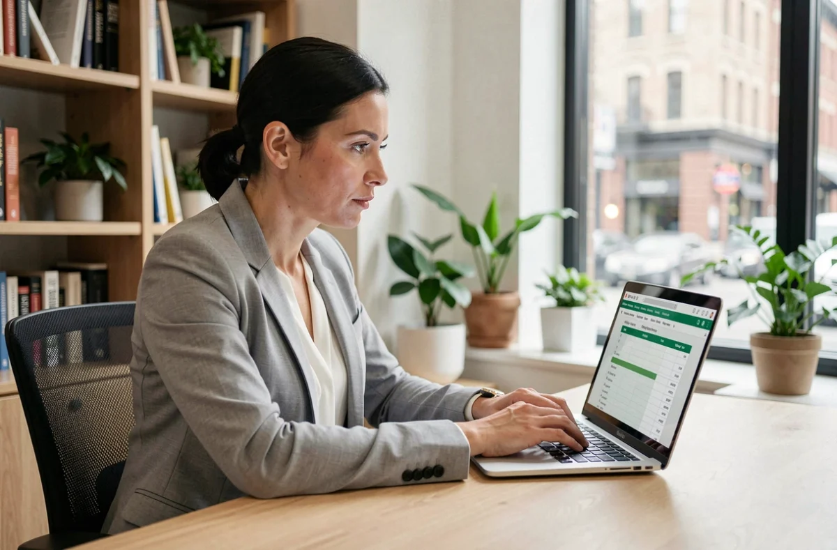 Femme utilisant un simulateur de frais kilométriques réels sur ordinateur portable dans un bureau à domicile moderne