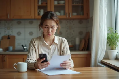Femme inquiète regardant son relevé bancaire à la maison