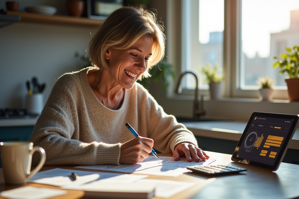 Femme souriante prenant des notes dans une cuisine ensoleillee