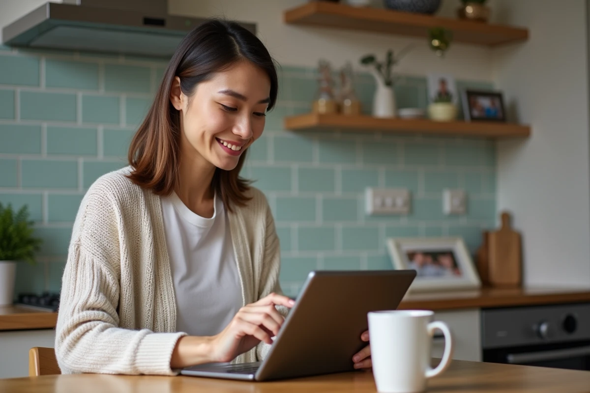 Jeune femme utilisant une tablette pour la banque à la maison