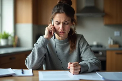 Femme frustrée au téléphone avec le service client Cetelem, tenant des documents à la main