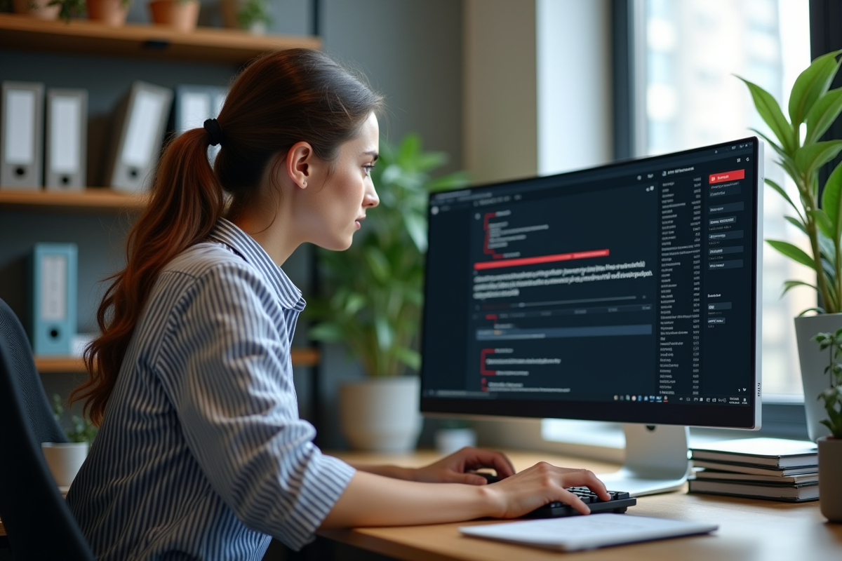 Femme travaillant sur ordinateur avec erreur de transaction crypto