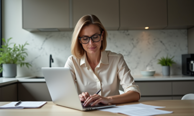 Femme d'âge moyen remplissant un formulaire de transfert bancaire