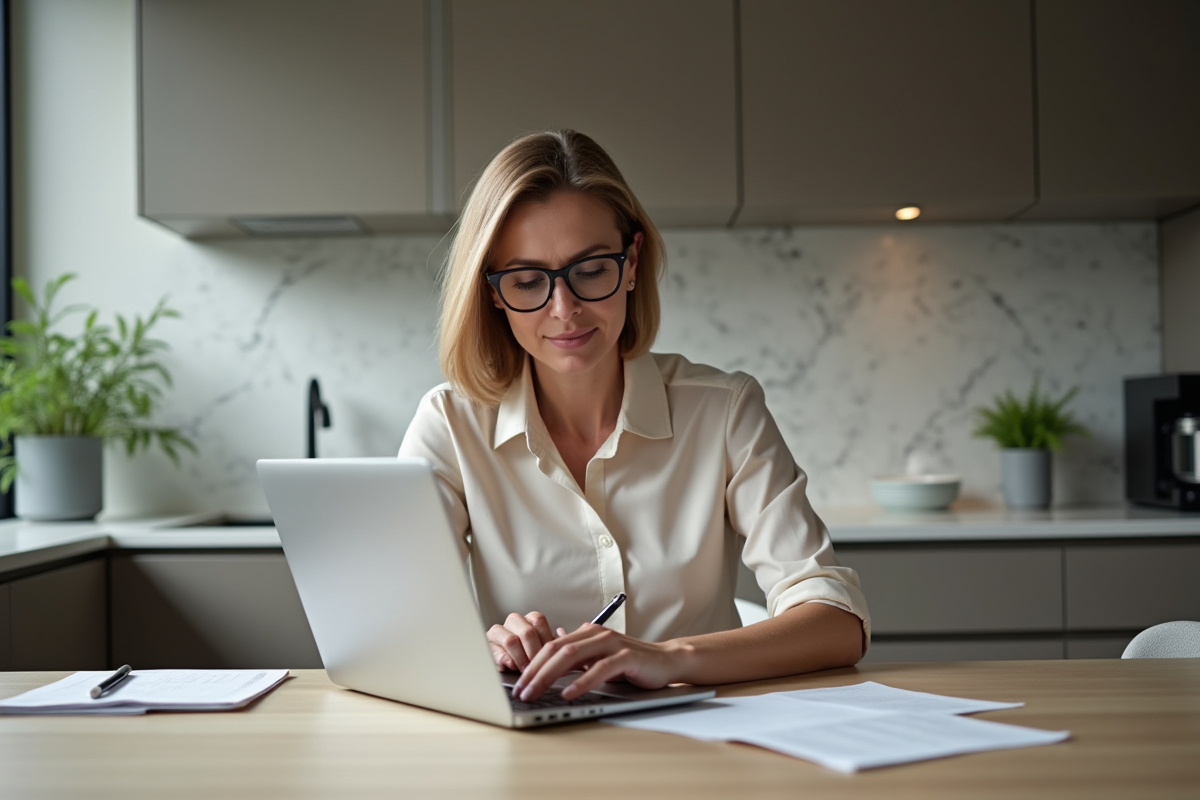 Femme d'âge moyen remplissant un formulaire de transfert bancaire