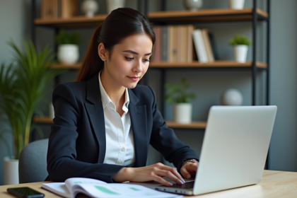 Femme d'affaires travaillant sur un laptop dans un bureau moderne