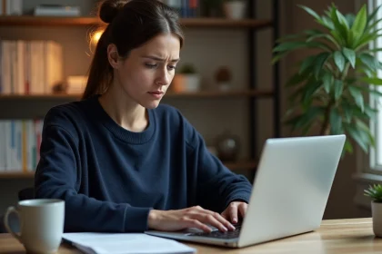 Femme vérifiant ses droits au chômage en ligne sur un ordinateur portable depuis son bureau à domicile