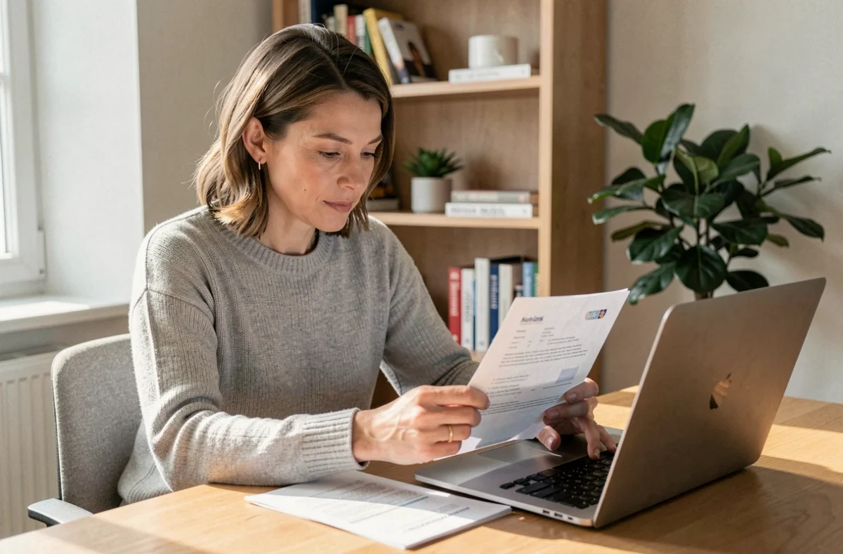 Femme consultant son RIB et effectuant un virement bancaire sur son espace CACMDS en ligne depuis un bureau à domicile