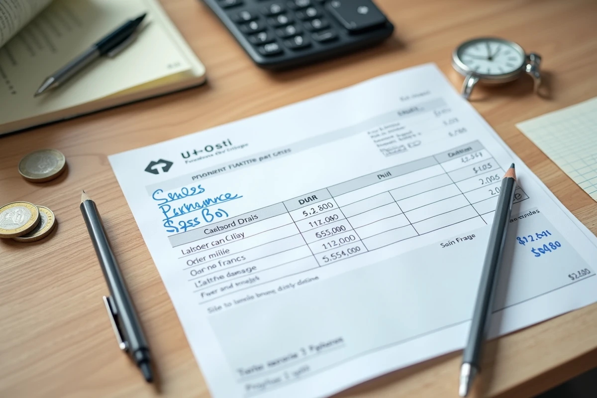 Vue aérienne d'une fiche de paie suisse annotée sur un bureau en bois avec calculatrice et pièces de monnaie