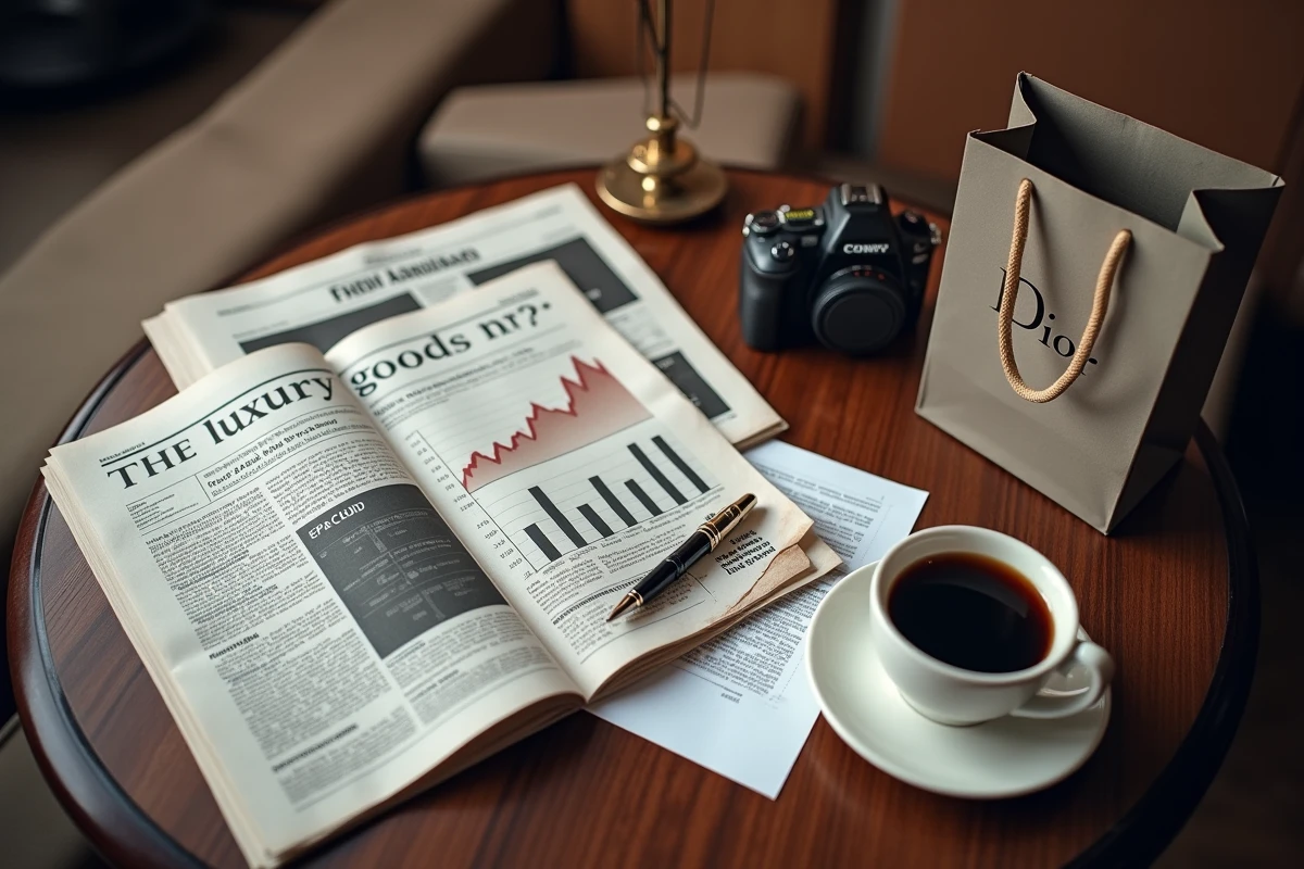 Composition flat lay d'outils d'investissement en bourse avec journal financier, graphique de performance CDI et sac Dior sur table en noyer