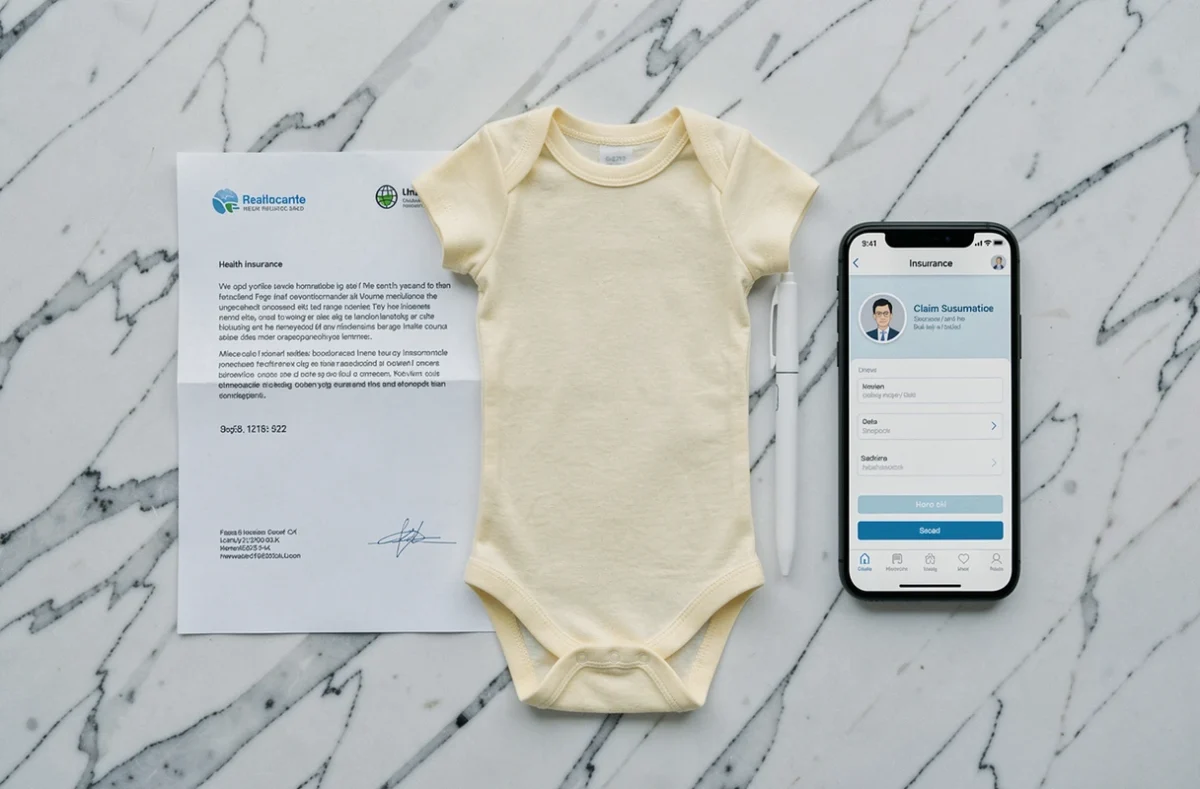 Flat-lay d'une carte mutuelle, lettre officielle et vêtement de bébé pour illustrer la prime de naissance