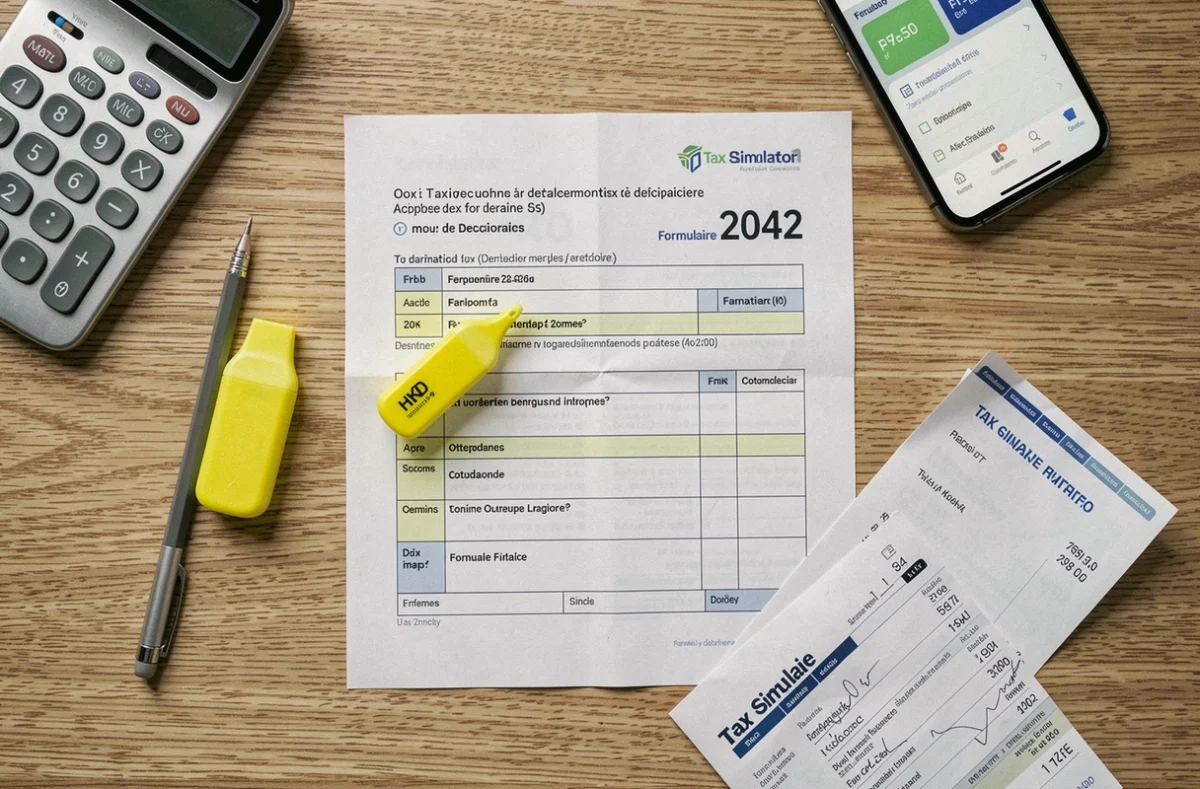 Vue de dessus d'une déclaration fiscale française avec une fiche de paie, un calculateur et un surligneur pour les heures supplémentaires