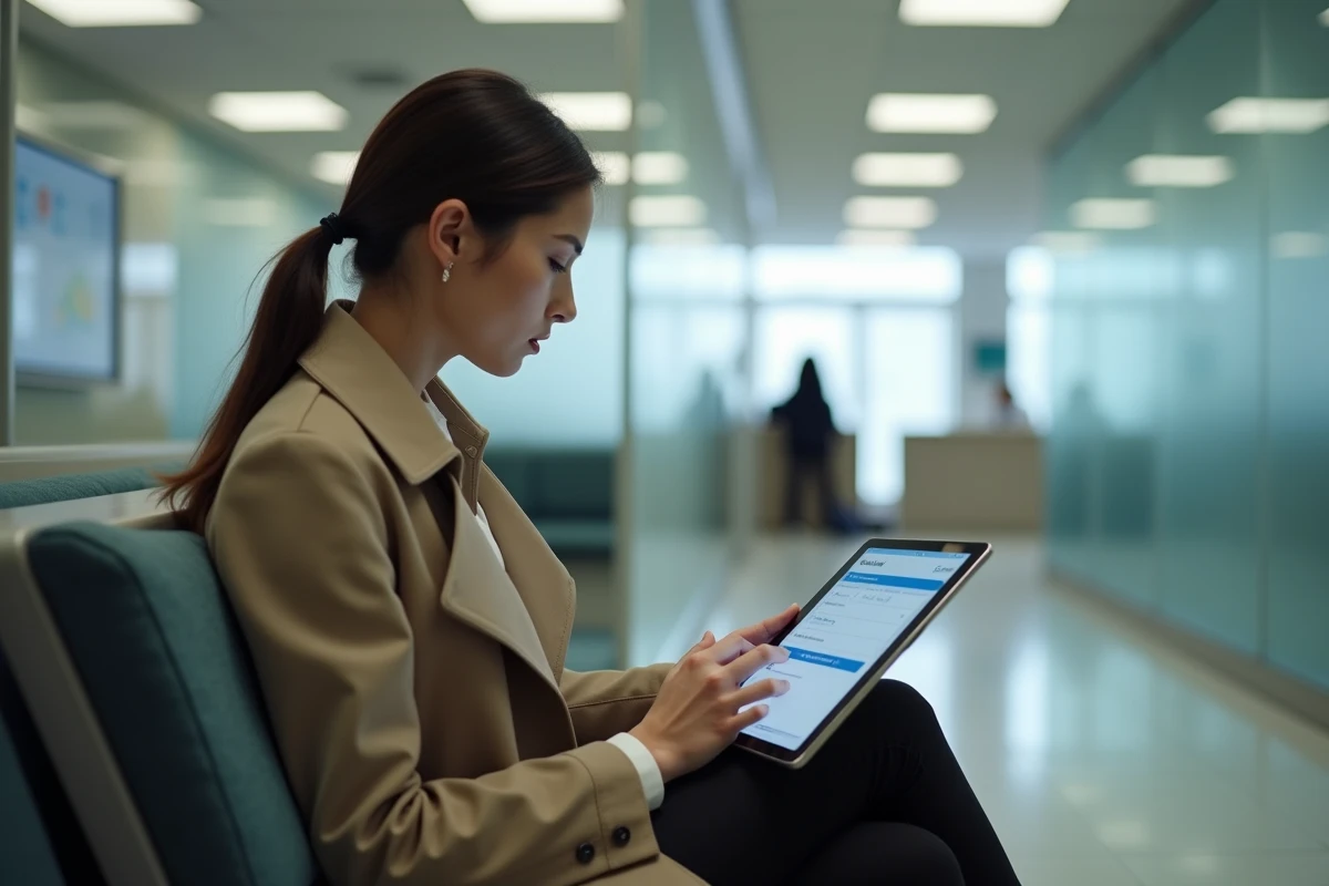 Jeune femme gérant un virement bancaire et ajoutant un bénéficiaire depuis une tablette dans une agence Crédit Agricole