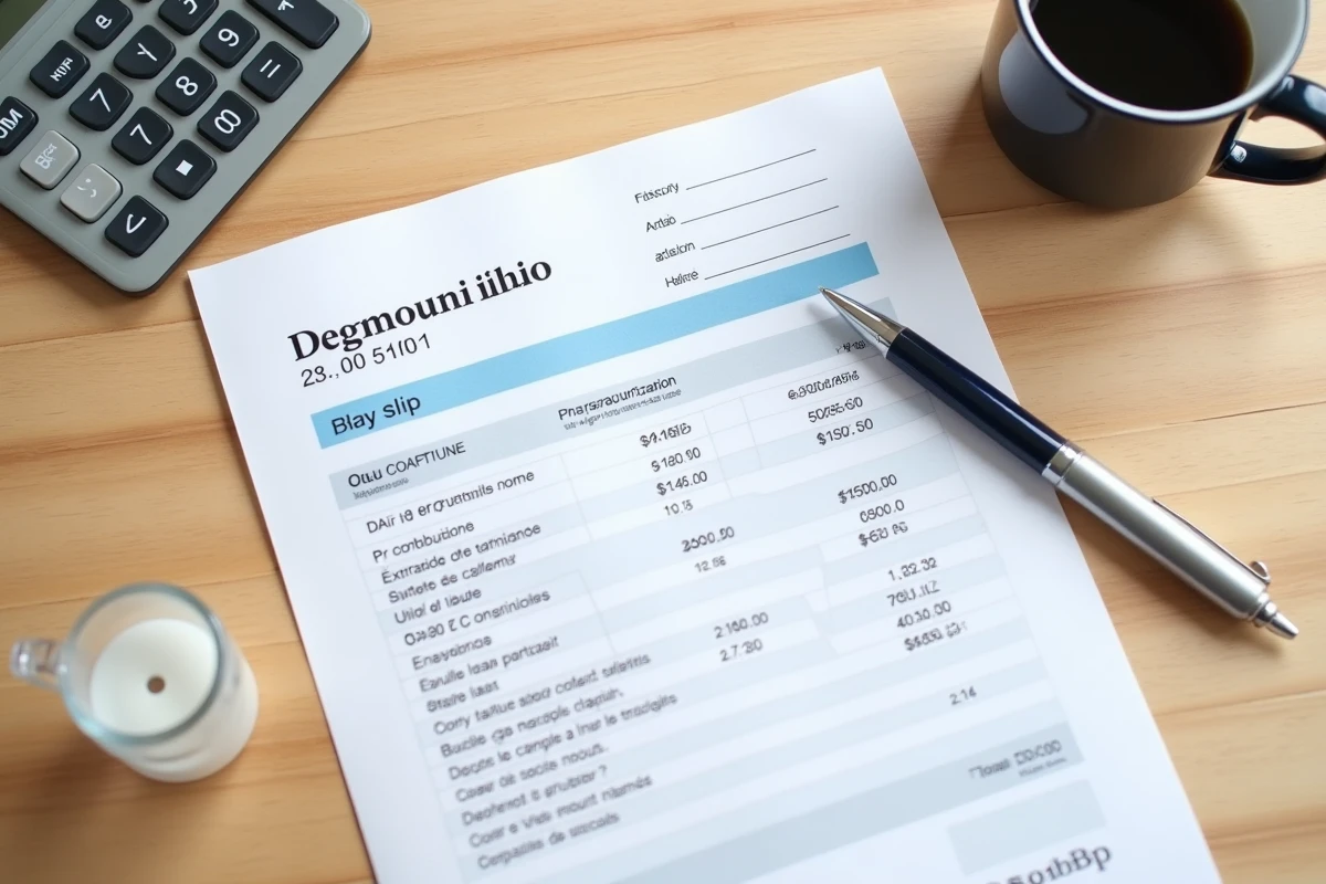 Gros plan d'une fiche de paie d'enseignant à temps partiel posée sur un bureau avec calculatrice