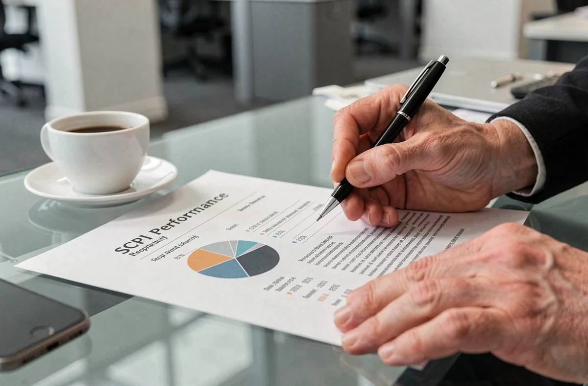Gros plan sur des mains tenant un rapport de performance SCPI avec des graphiques de rendement annuel