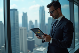 Homme d'affaires regardant des graphiques de cryptomonnaie