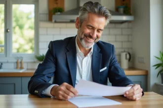 Homme d'affaires souriant dans une cuisine moderne