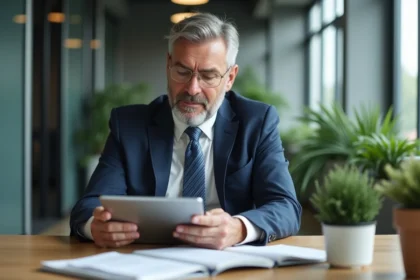 Homme d'affaires en costume analysant des rapports financiers