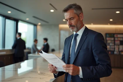 Homme d'affaires en costume bleu examine un relevé bancaire